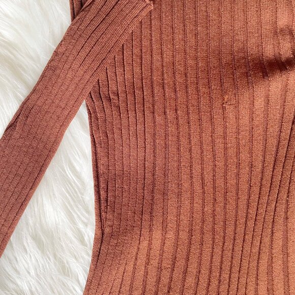 Totême Brown Orange Tobacco Arradon Rib Knit V-Neck Collar Long Sleeve Top - Picture 6 of 9